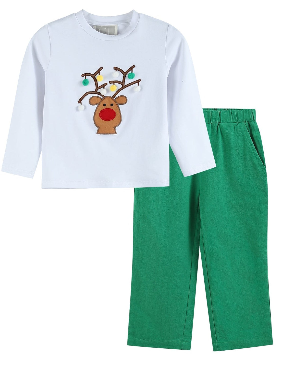 White Pompom Reindeer And Green Pants Set