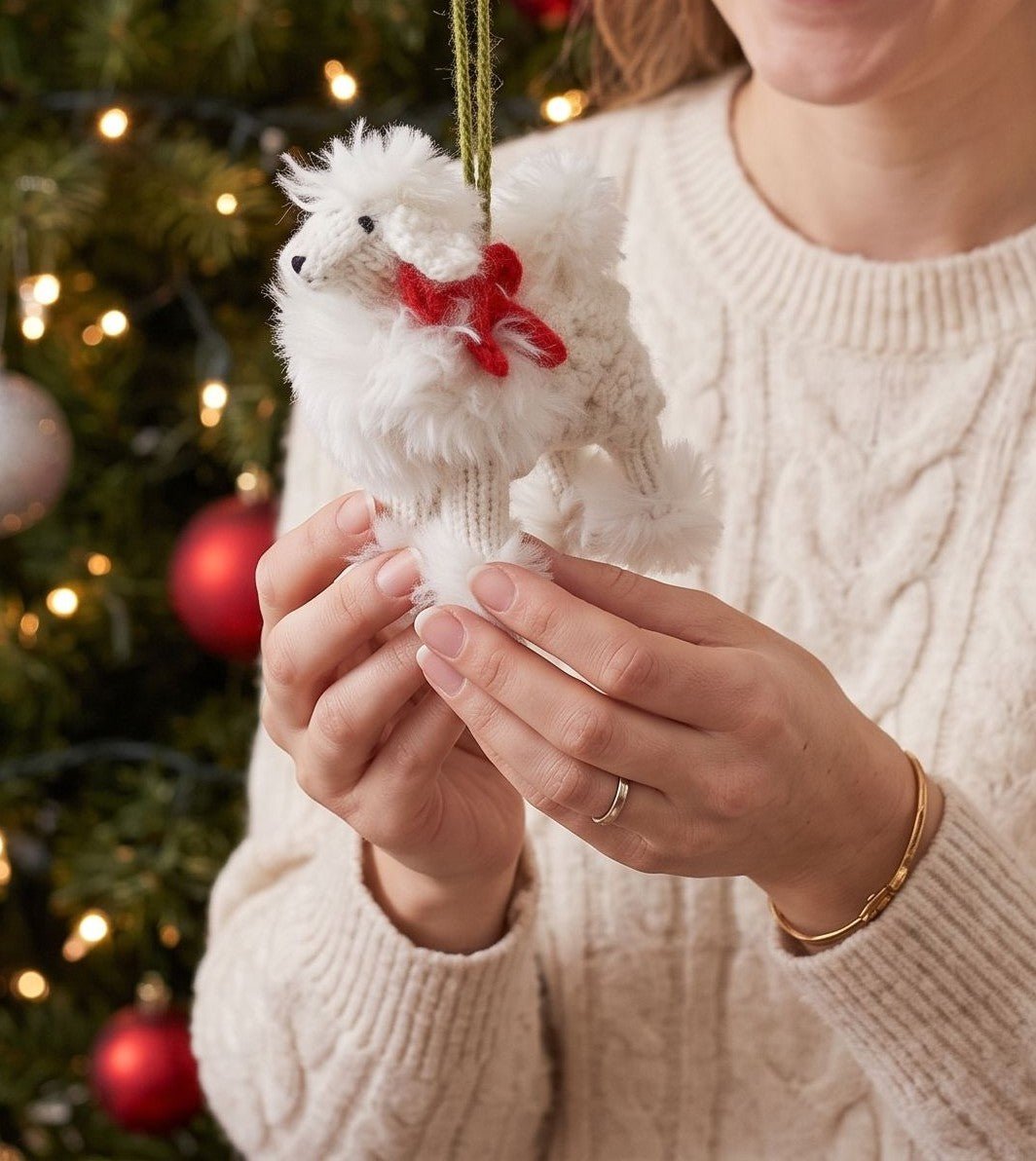 Hand Knit Alpaca Wool Christmas Ornament - White Poodle Dog
