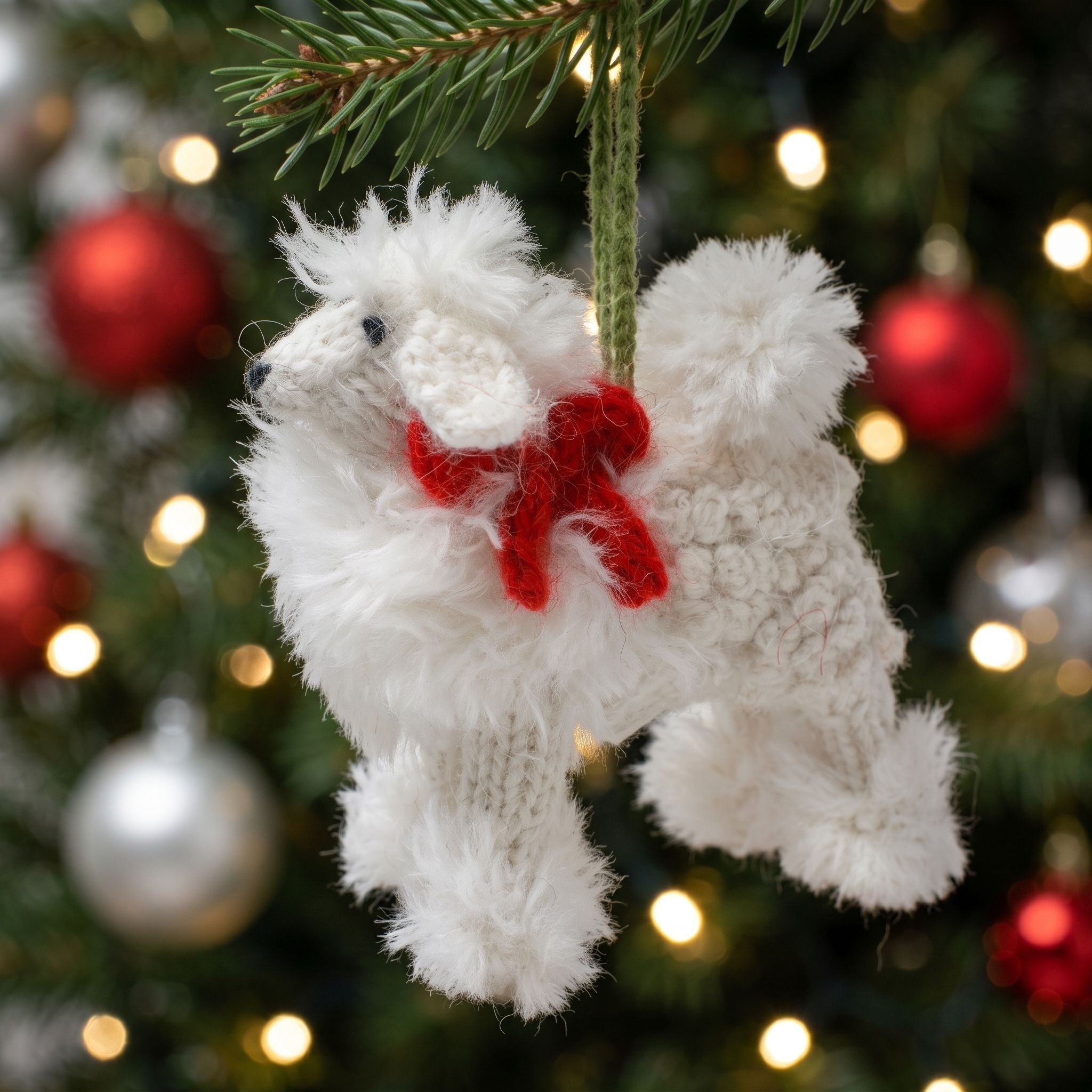 Hand Knit Alpaca Wool Christmas Ornament - White Poodle Dog