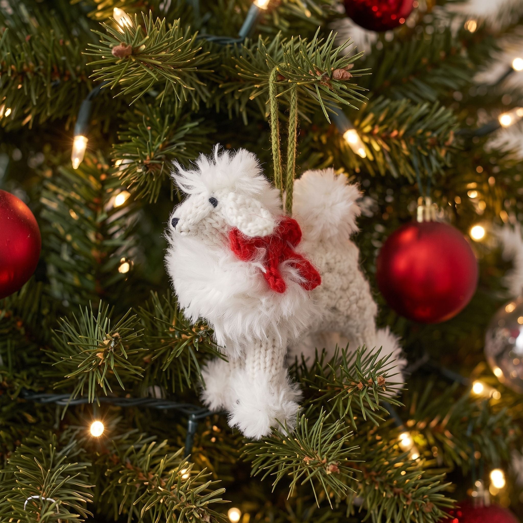 Hand Knit Alpaca Wool Christmas Ornament - White Poodle Dog