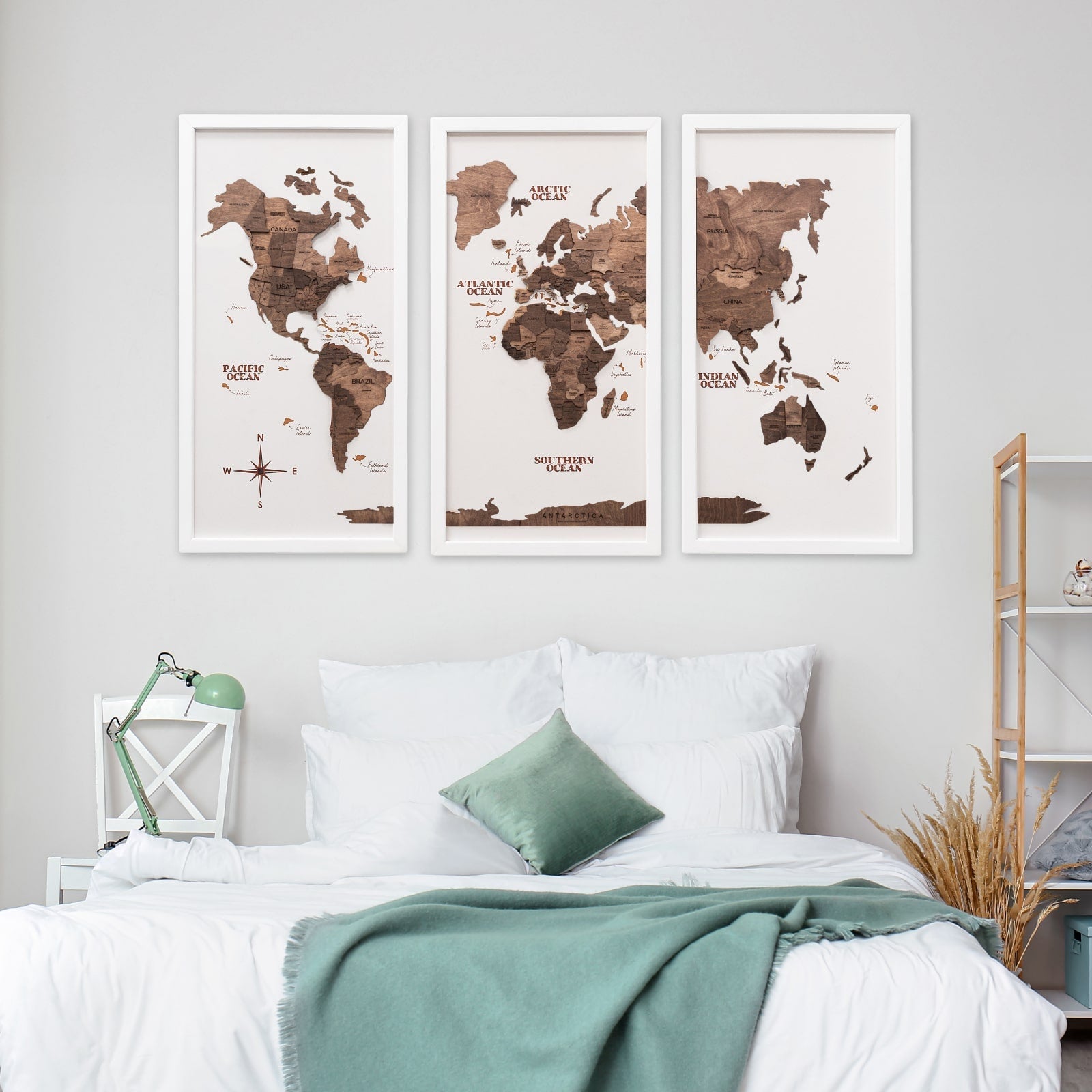 Triptych Wall Art - Wooden World Map (dark Walnut)