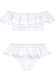 White Draped Bikini With White  Pom Poms