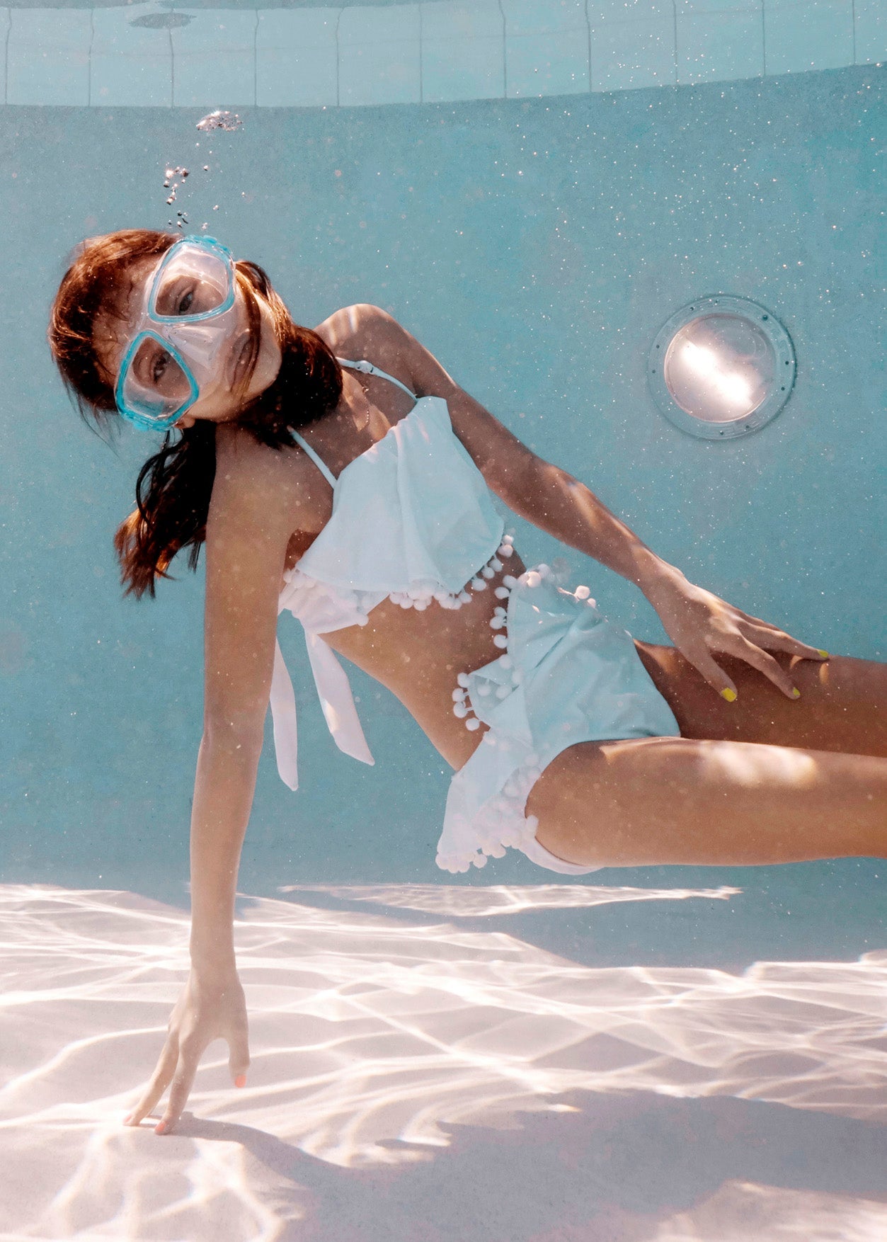 White Draped Bikini With White  Pom Poms