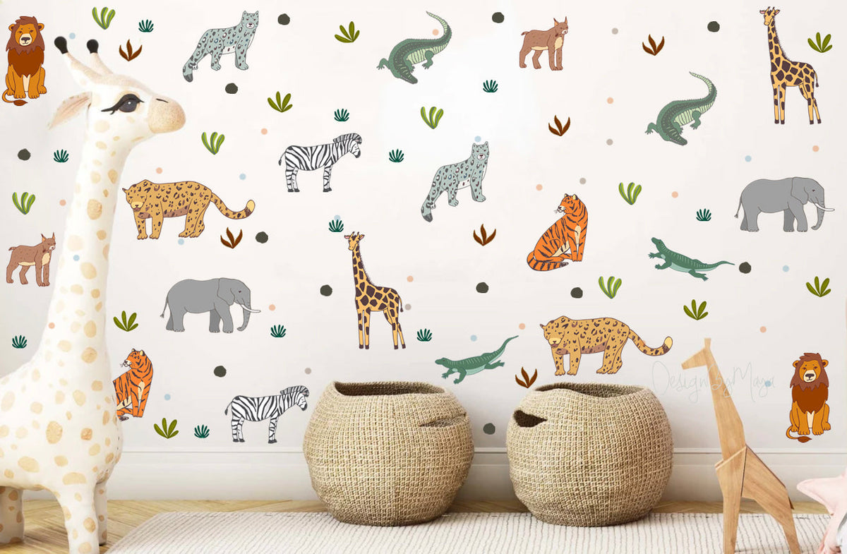 Multi Colors Safari Animals - Fabric Nursery Wall Art Decals