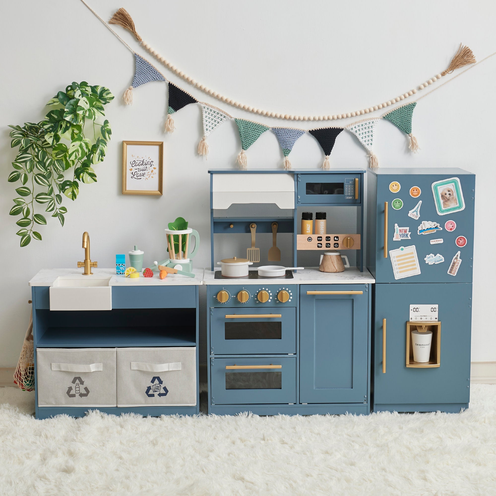 Teamson Kids - Little Chef Atlanta Large Modular Play Kitchen, Stone Blue/gold