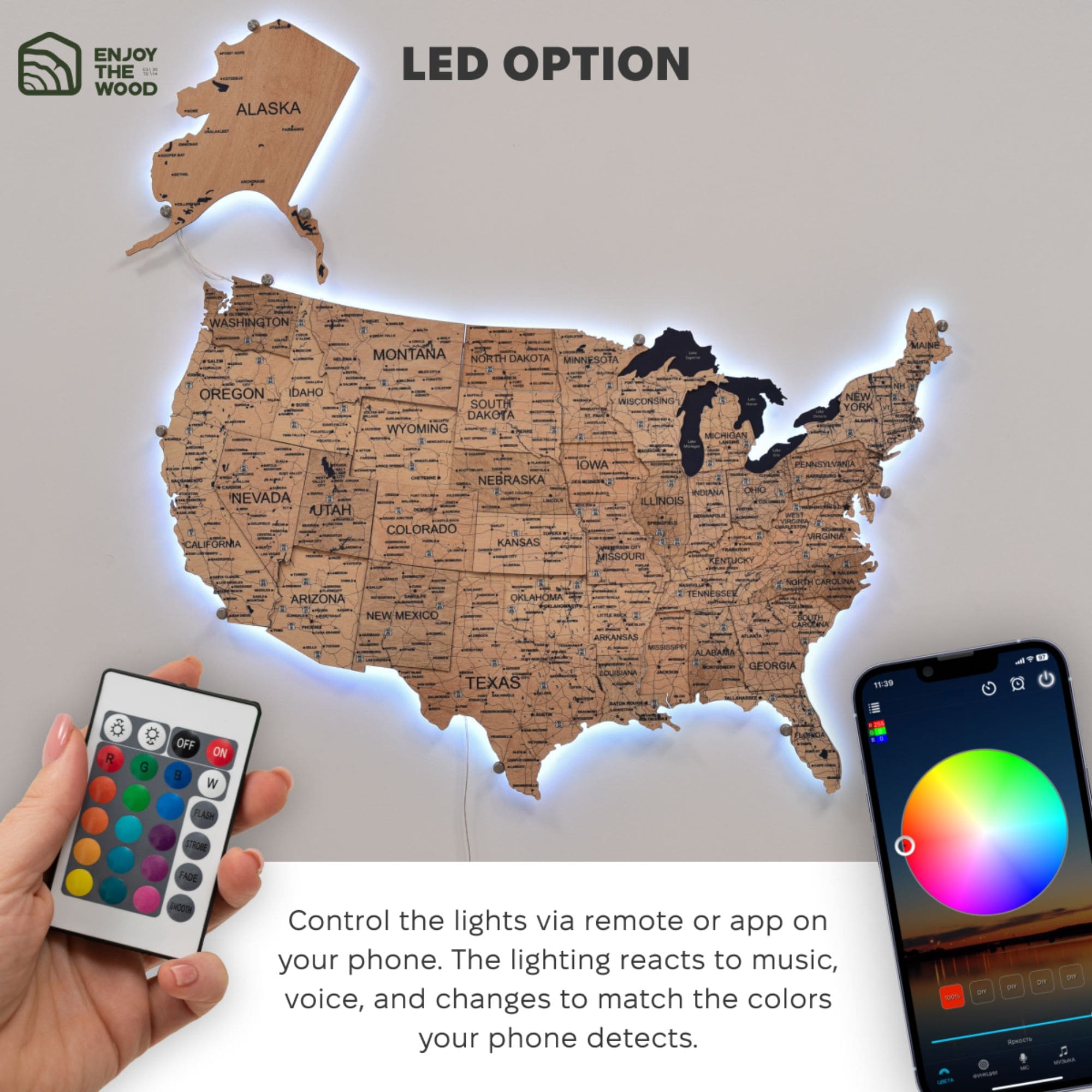 Wooden 3d Led Map Of Usa - Gold