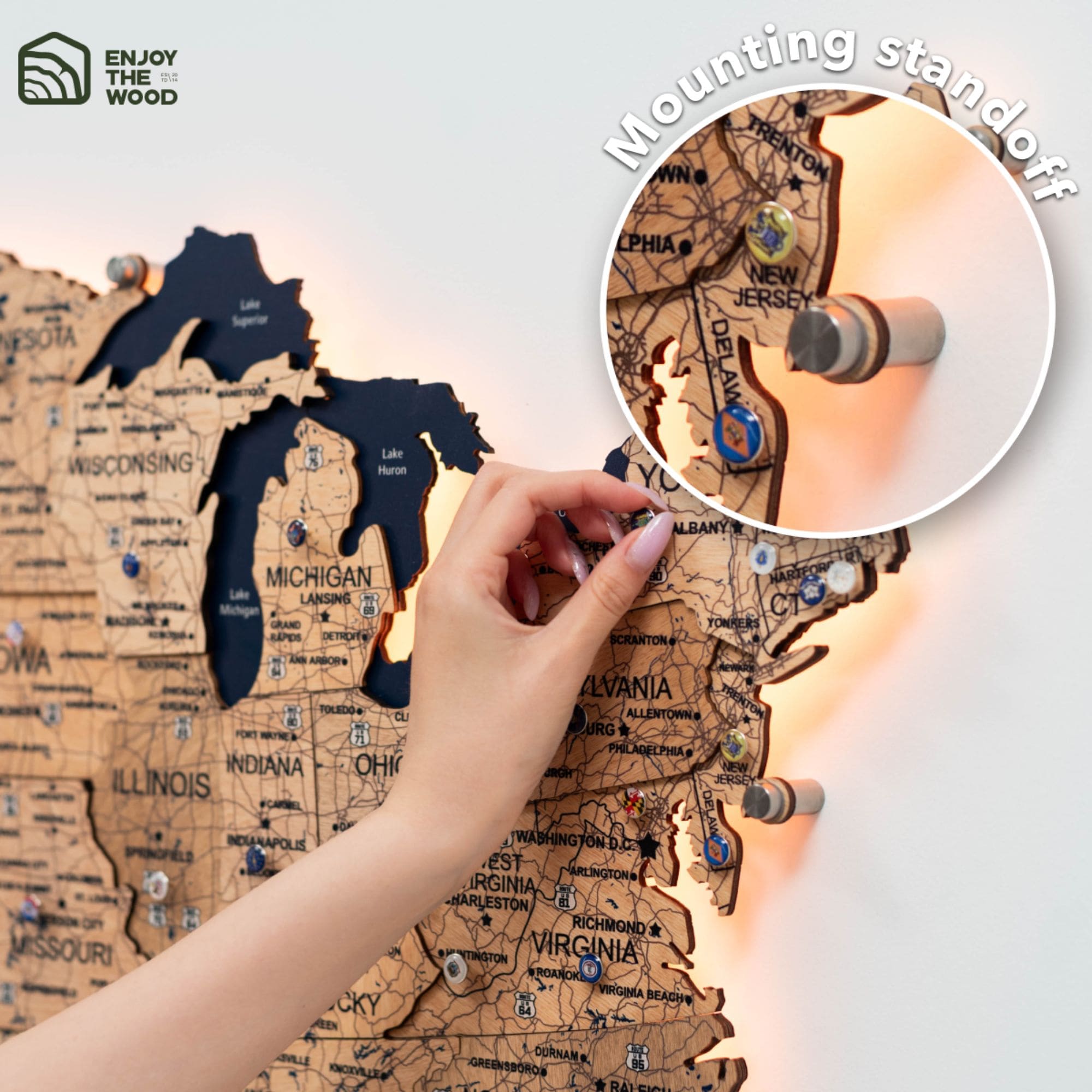 Wooden 3d Led Map Of Usa - Gold