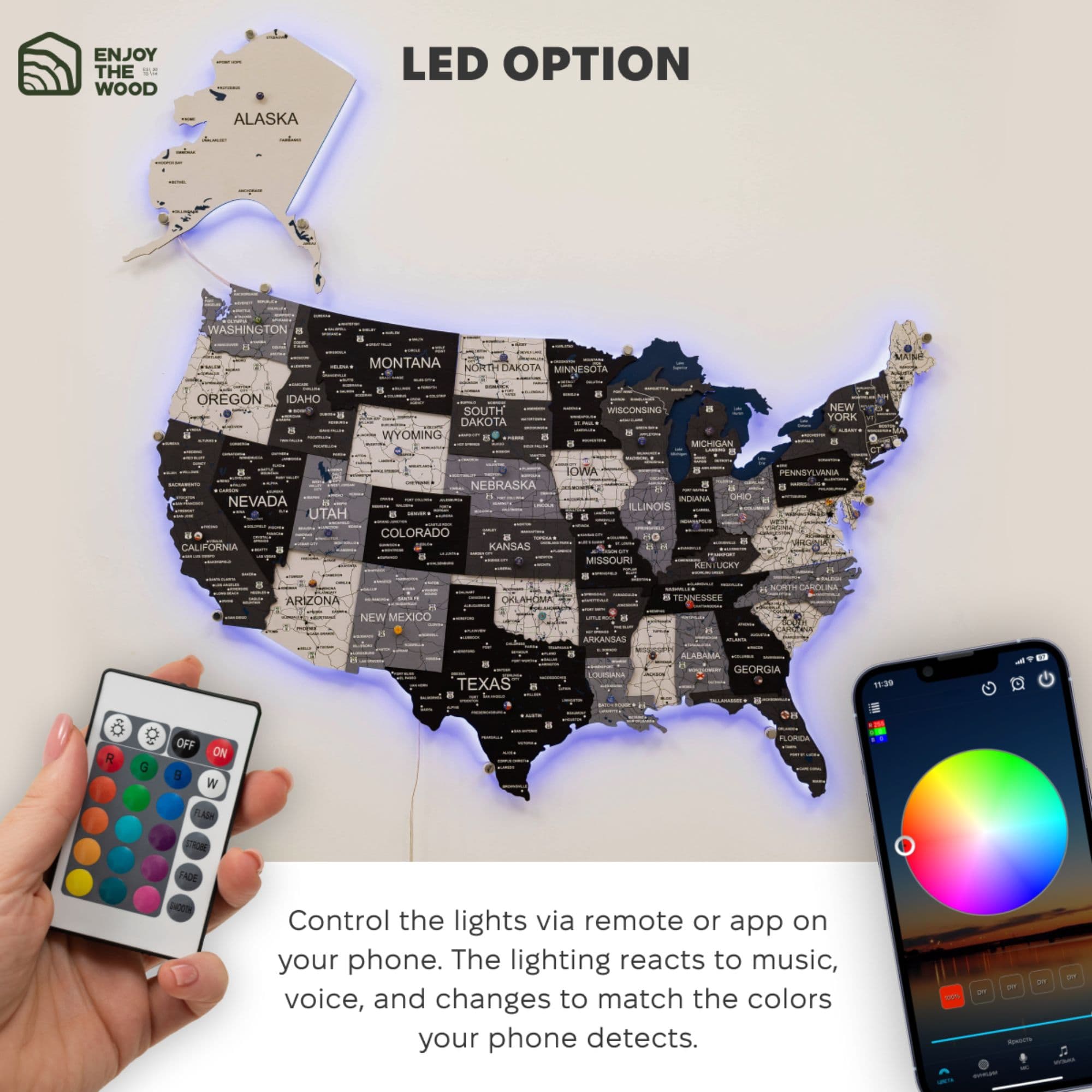 Wooden 3d Led Map Of Usa - Nordik