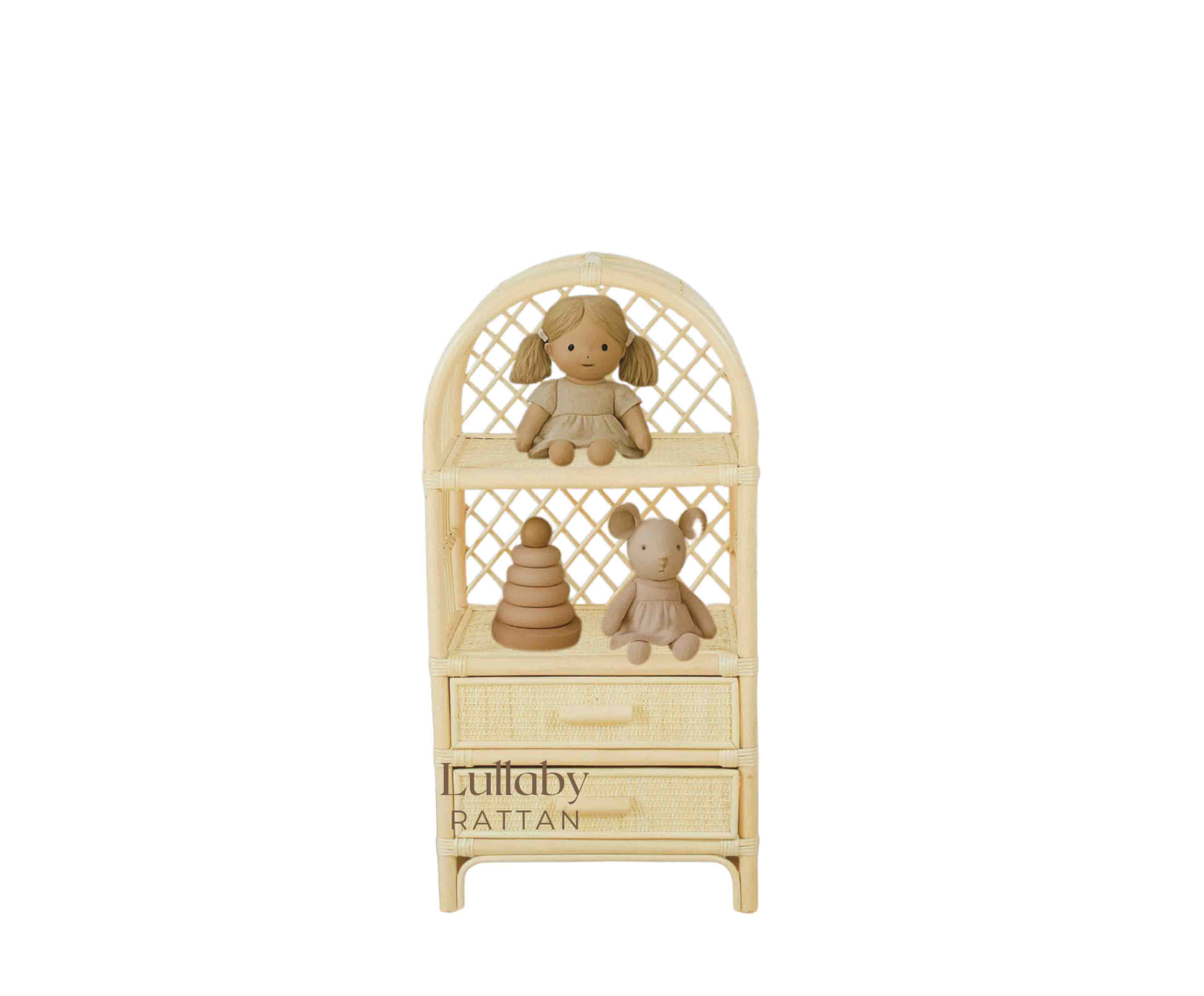 Boho Rattan Kids Bookshelf & Toy Storage | Montessori Doll Shelf – Eco-friendly Nursery & Playroom Furniture