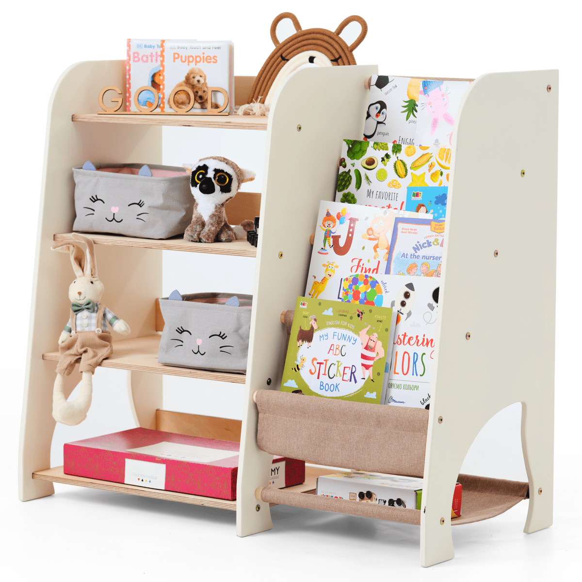 Wooden Montessori Shelves For Toddler 2in1: Bookshelf & Toy Shelving