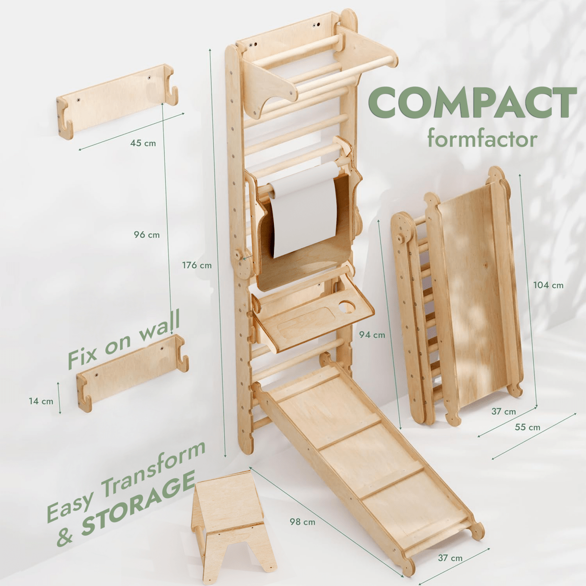 Wooden Swedish Wall / Climbing Ladder For Children + Swing Set + Slide Board + Art Add-on