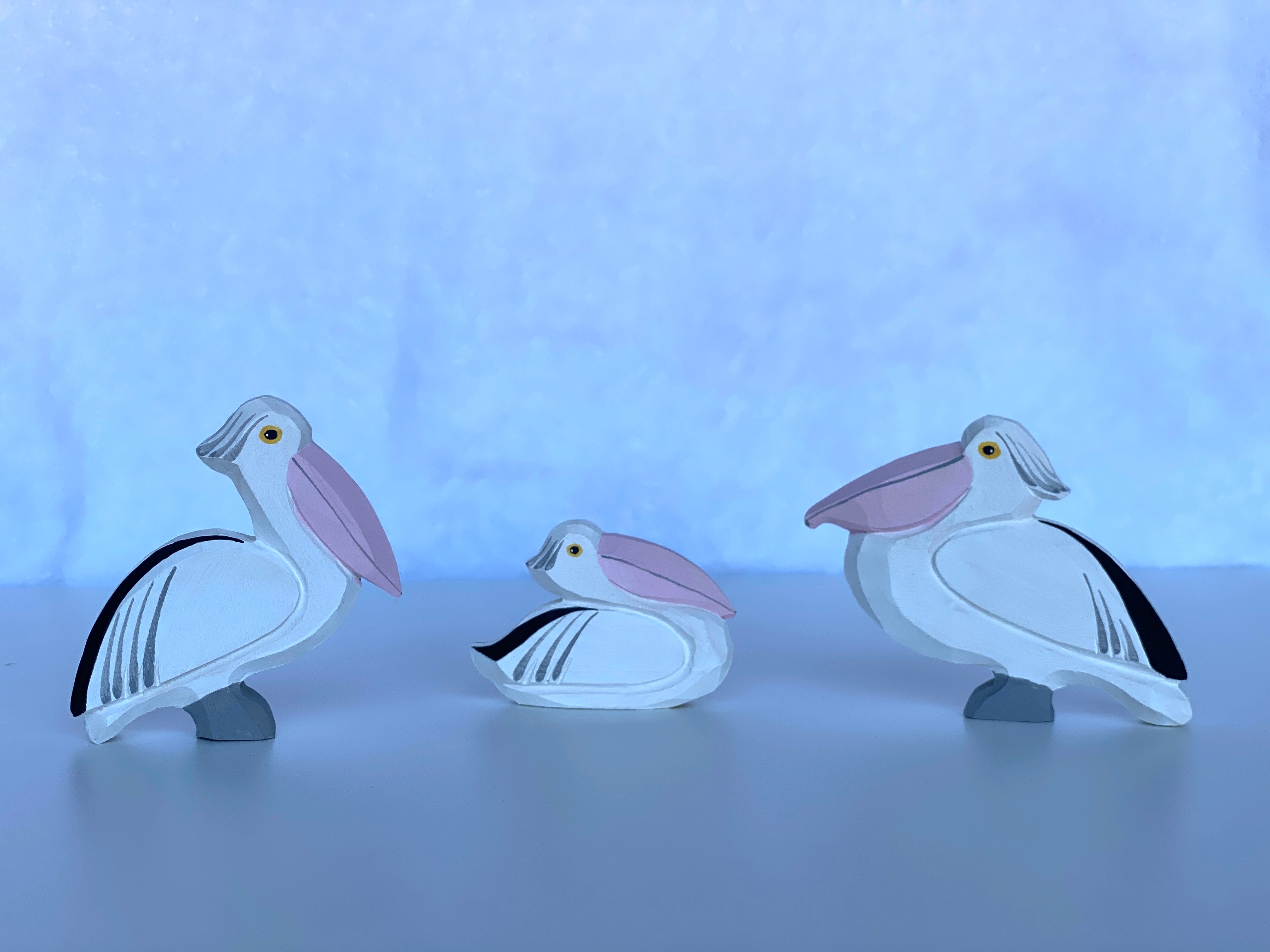 Hand Carved Wooden Pelican Toy Set Of 3