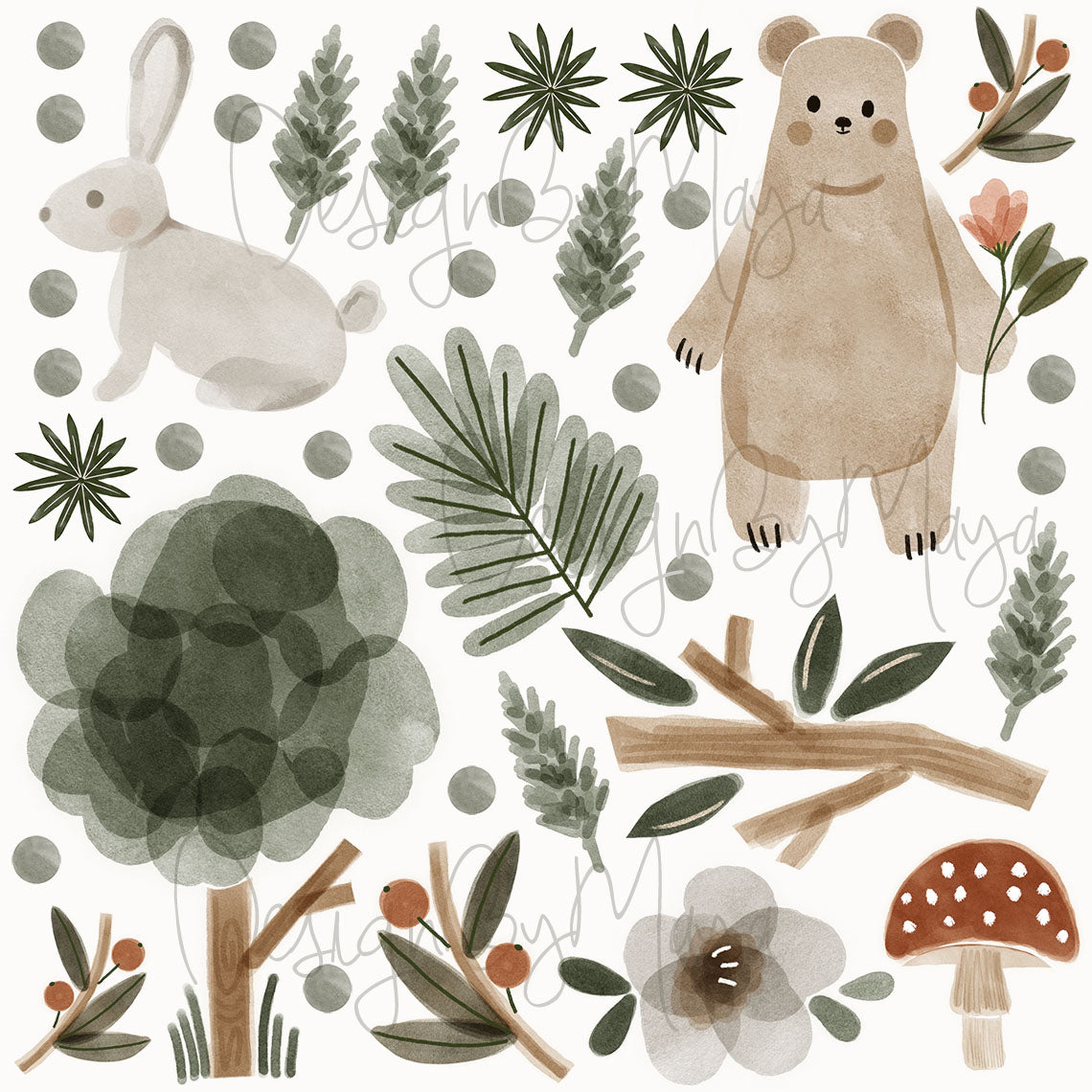 Woodland Baby Bear And Friends - Fabric Nursery Wall Art Decals