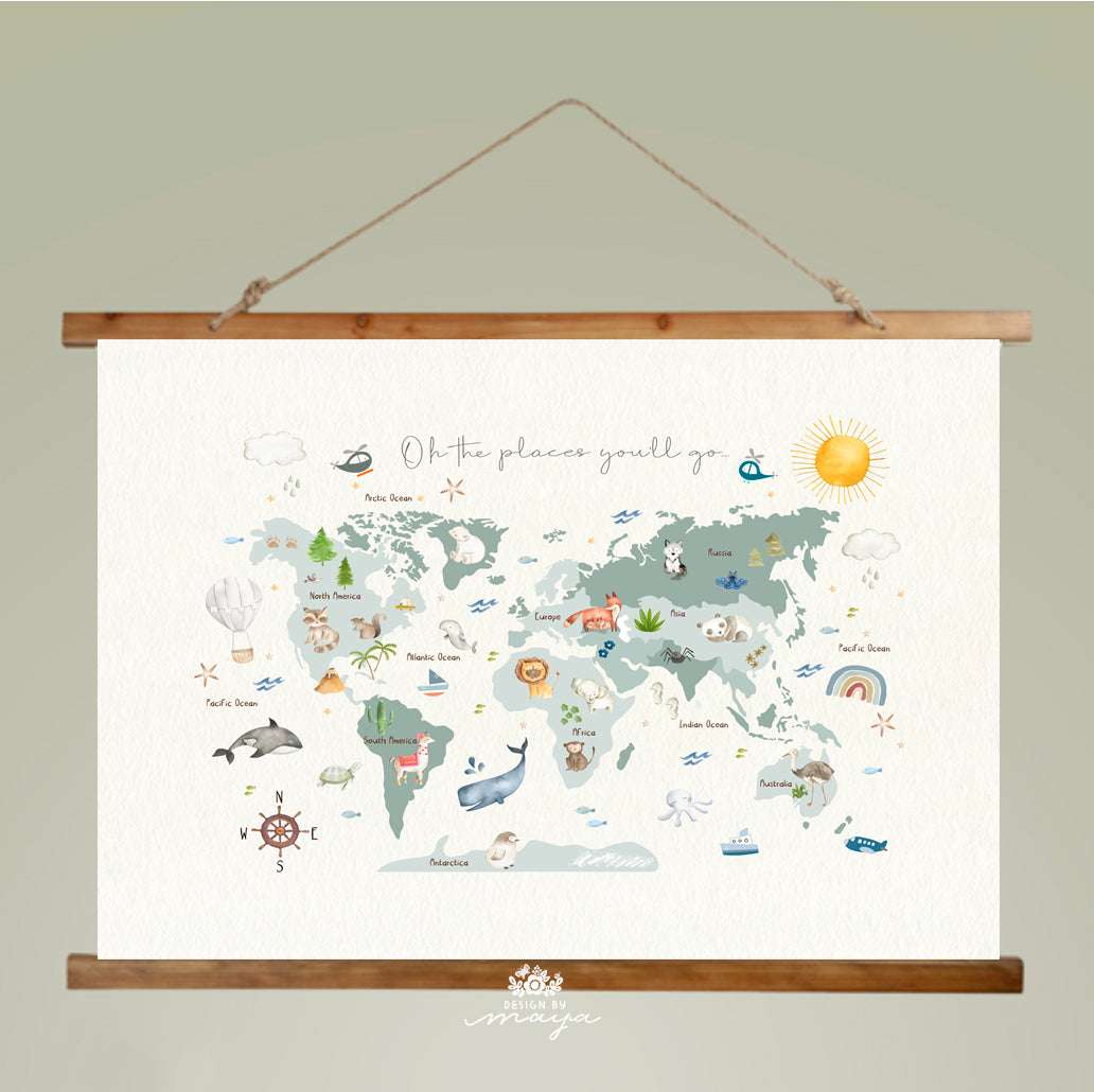 Wooden Hangers Tapestry World Map - Fabric Nursery Wall Banner Art