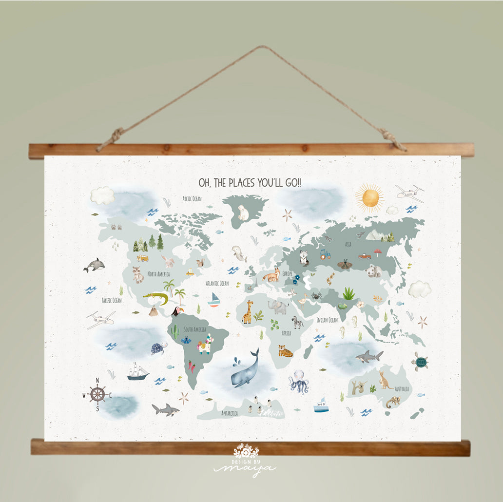 Wooden Hangers Tapestry World Map - Fabric Nursery Wall Banner Art