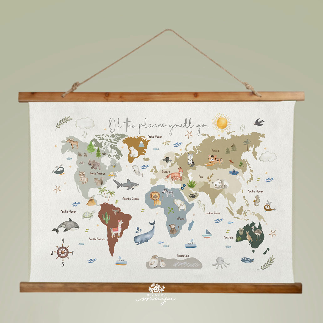 Wooden Hangers Tapestry World Map - Fabric Nursery Wall Banner Art