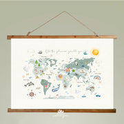 Wooden Hangers Tapestry World Map - Fabric Nursery Wall Banner Art