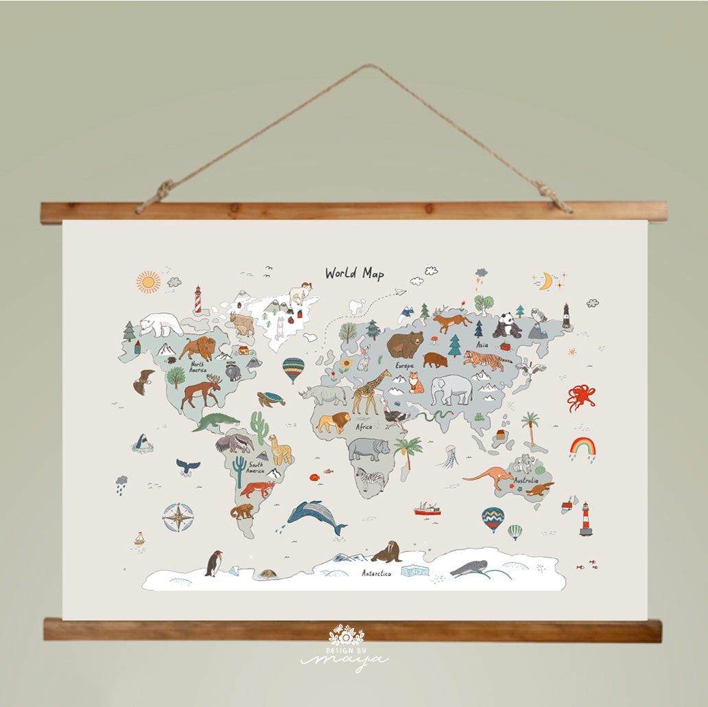 Wooden Hangers Tapestry World Map - Fabric Nursery Wall Banner Art