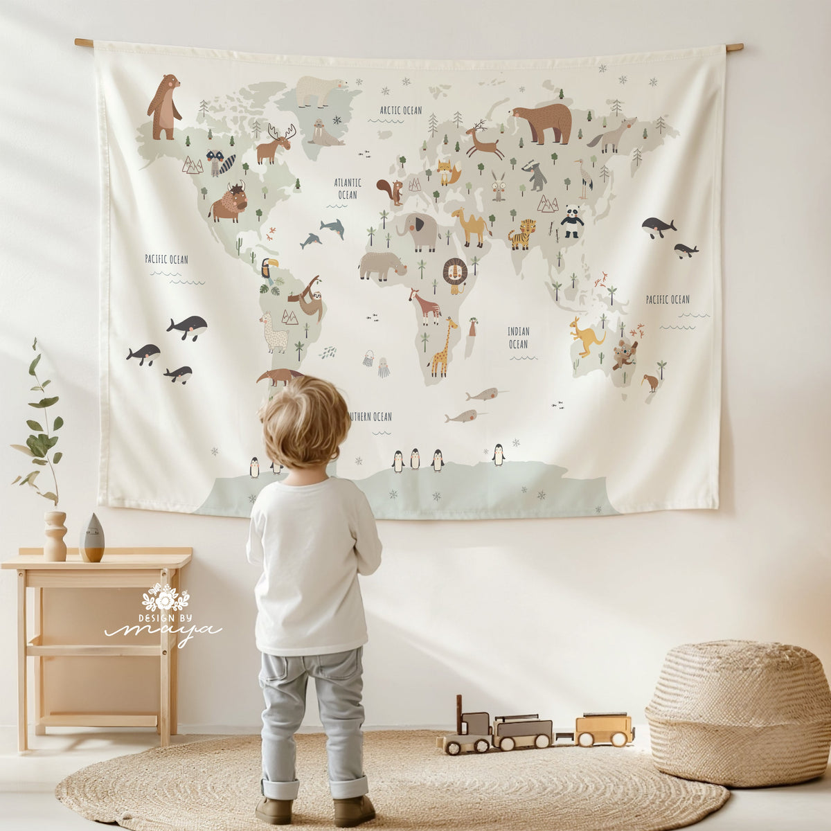 Wooden Hangers Tapestry World Map - Fabric Nursery Wall Banner Art