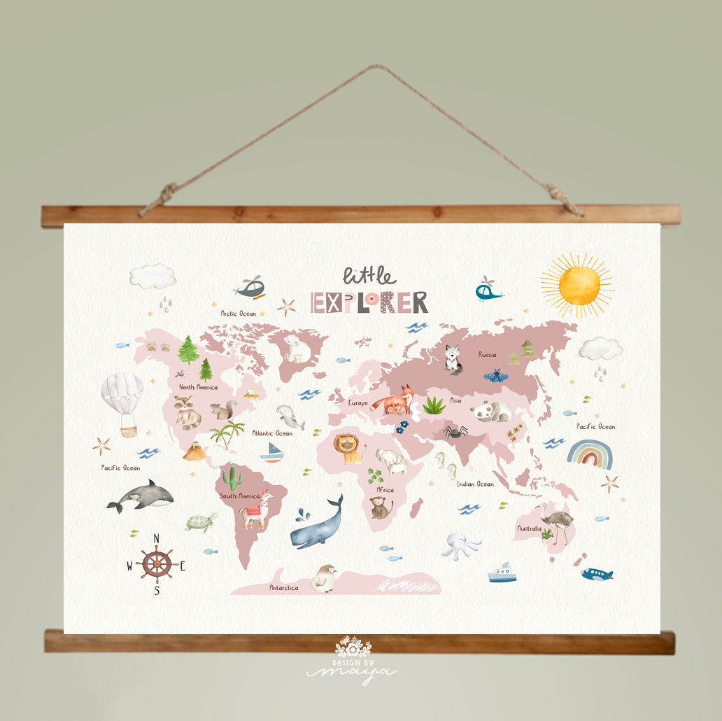 Wooden Hangers Tapestry World Map - Fabric Nursery Wall Banner Art