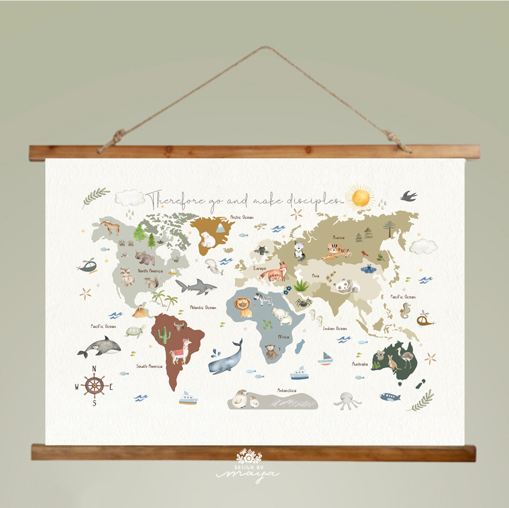 Wooden Hangers Tapestry World Map - Fabric Nursery Wall Banner Art