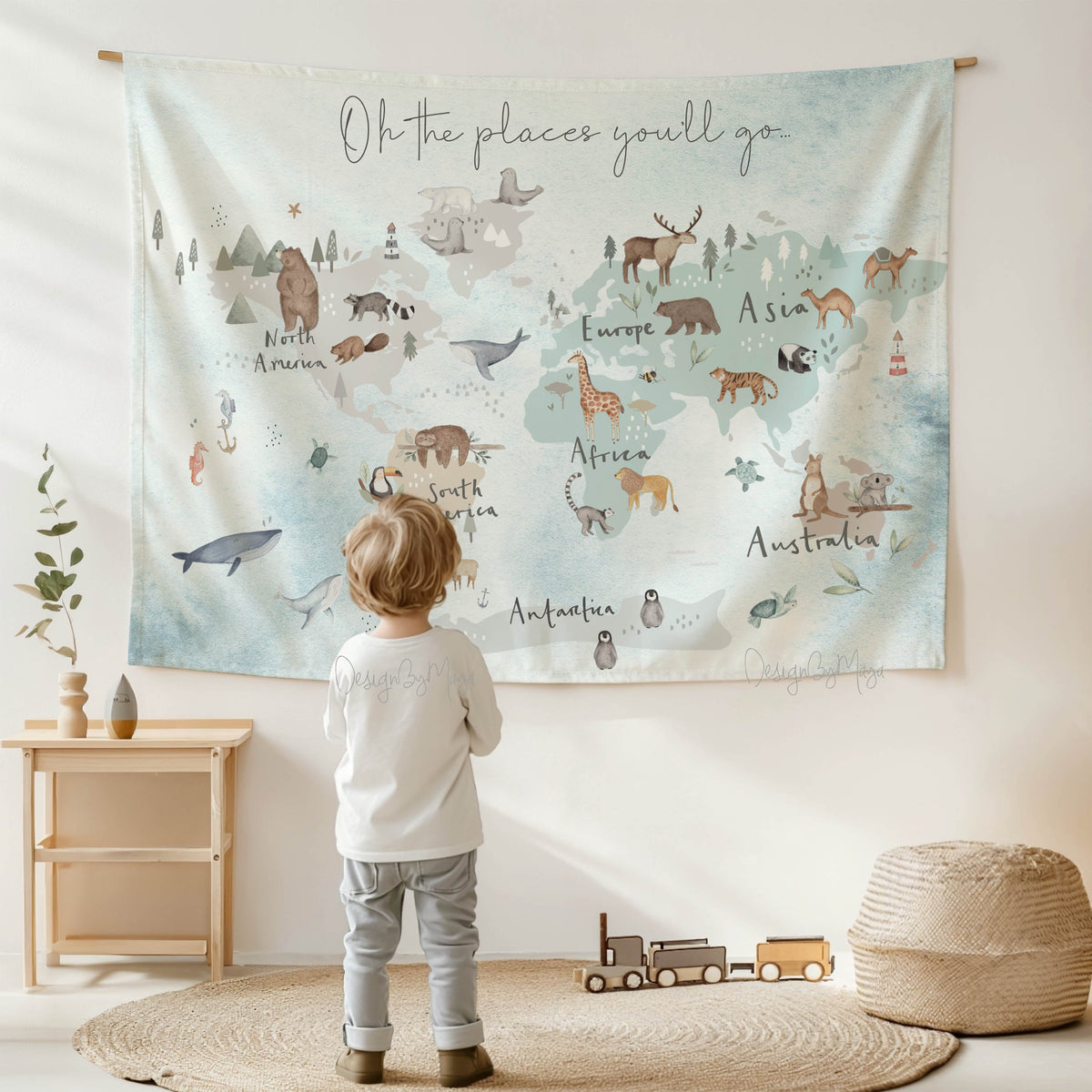 Wooden Hangers Tapestry World Map - Fabric Nursery Wall Banner Art