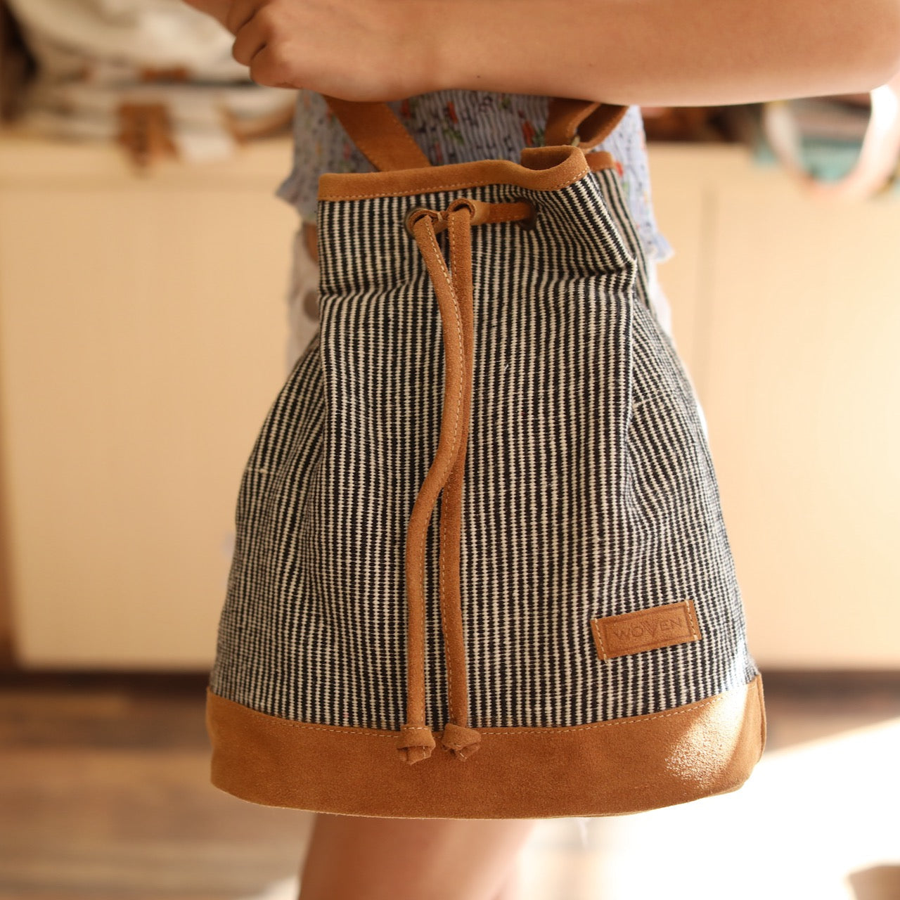 Woven Drawstring Bucket Bag - Sally