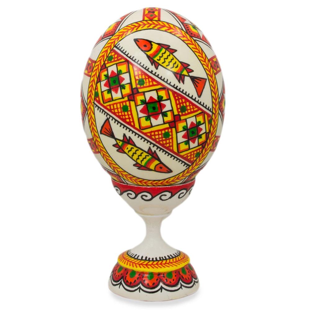 Fish Ukrainian Wooden Easter Egg Pysanka On A Stand 3.75 Inches