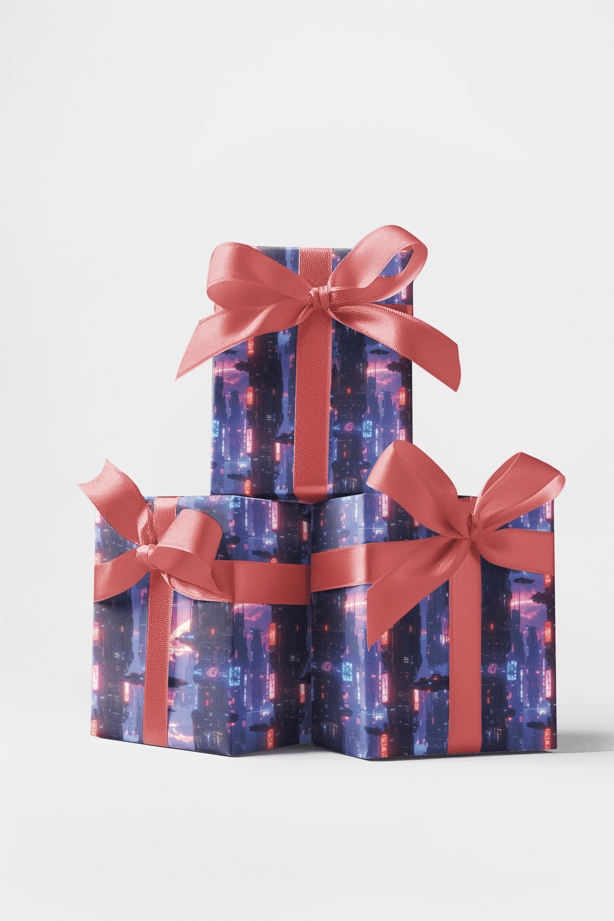Neon Skyline Megacity Orbit Glossy Wrapping Paper