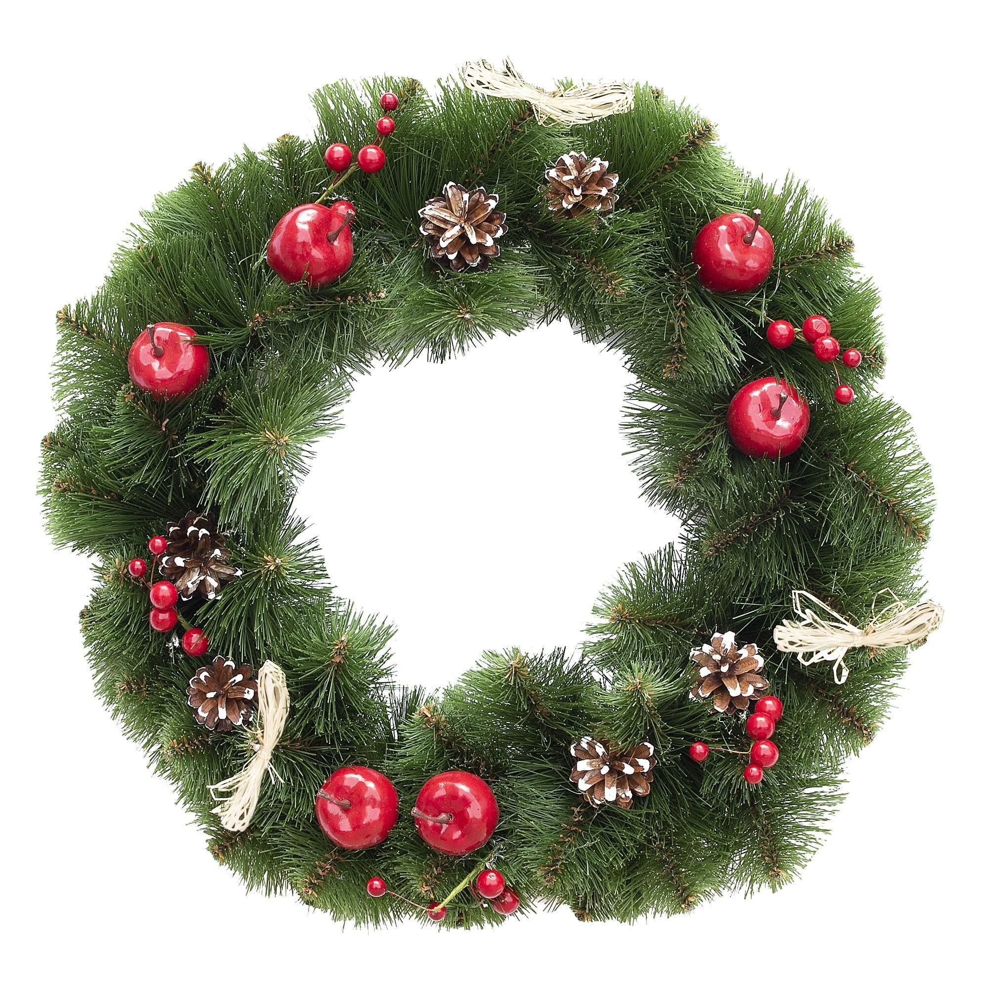 Ukrainian Christmas Wreath With Frosted Straw Bows, Apples & Pine Cones 20 Inches