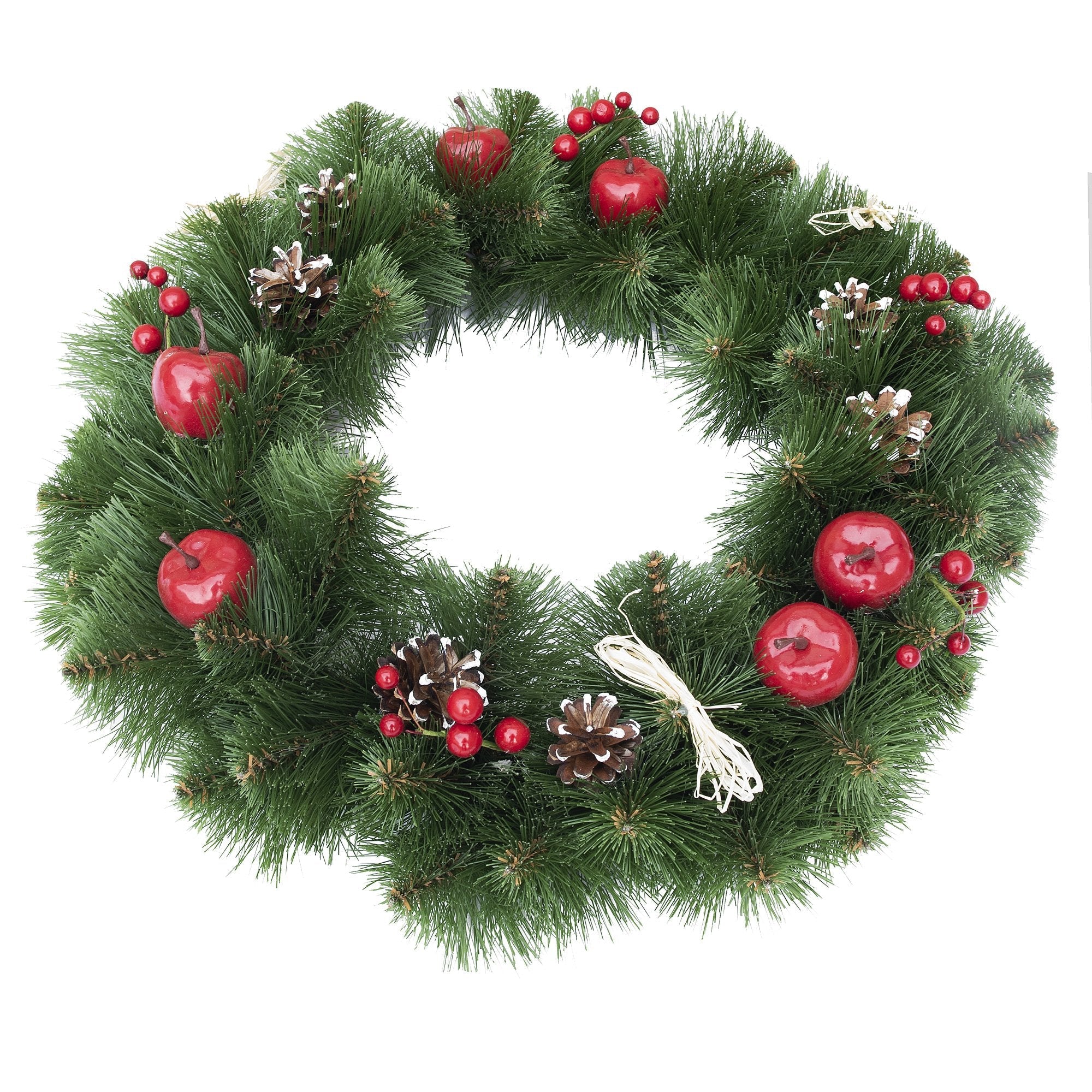 Ukrainian Christmas Wreath With Frosted Straw Bows, Apples & Pine Cones 20 Inches