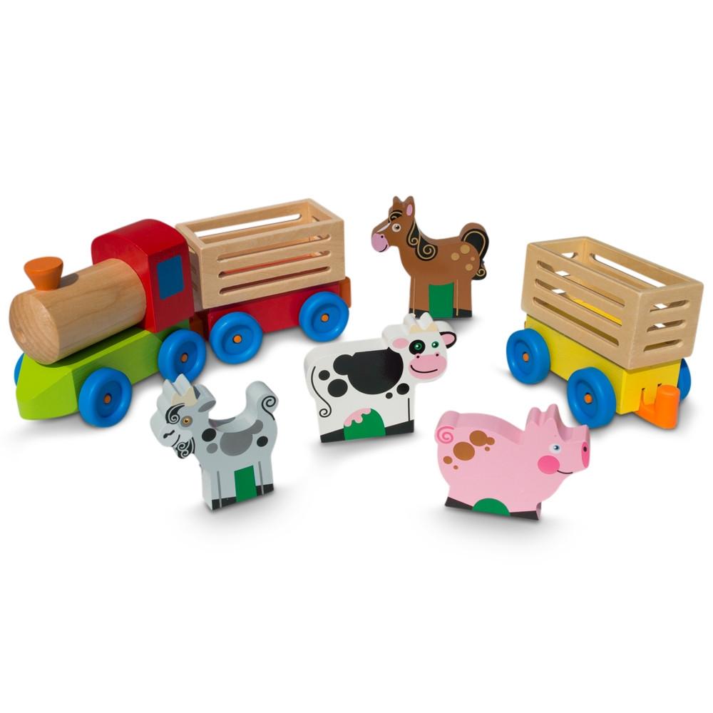 4 Farm Animals On Wooden Train With 2 Cars Toy Set