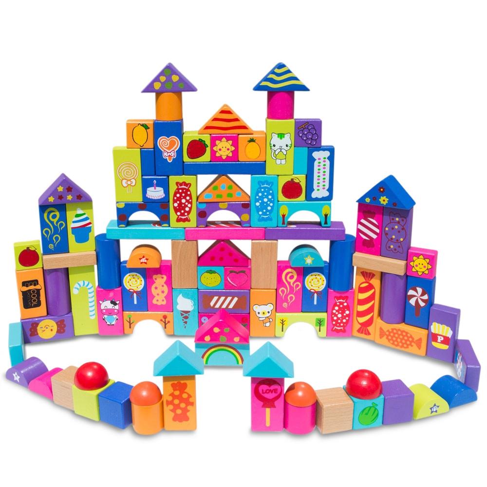 Set Of 90 Colorful Wooden Building Blocks