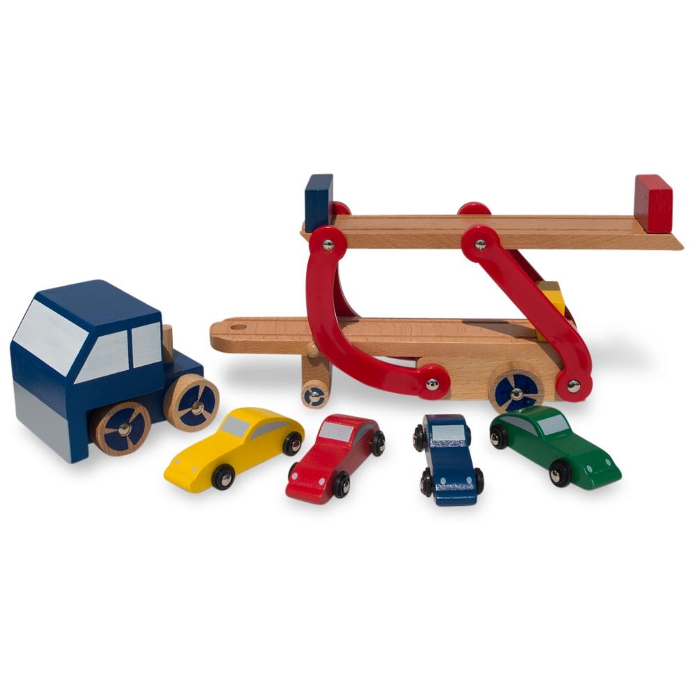 Set Of Wooden Truck With Trailer And 4 Cars