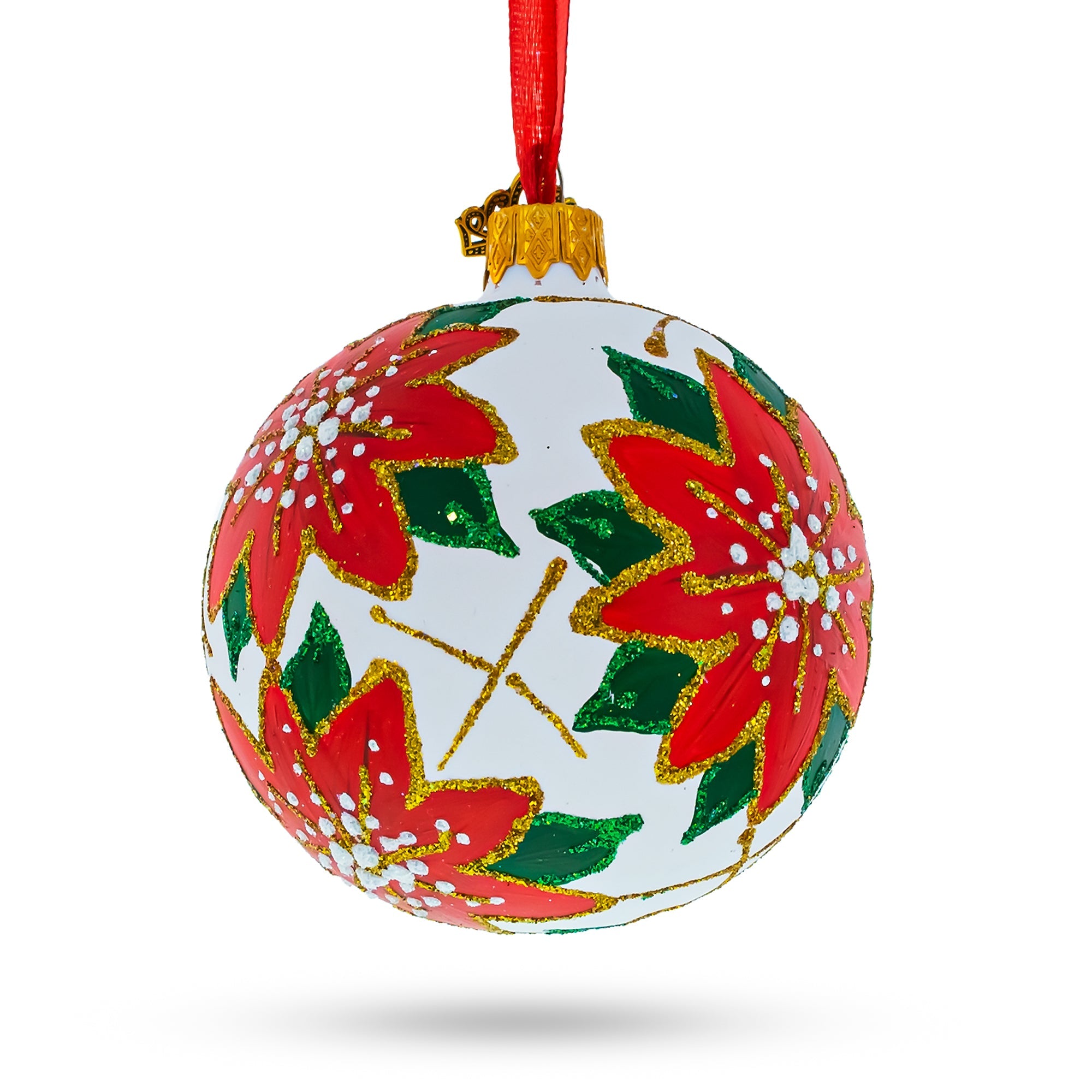 Elegant Poinsettia Flowers On White - Blown Glass Ball Christmas Ornament 3.25 Inches