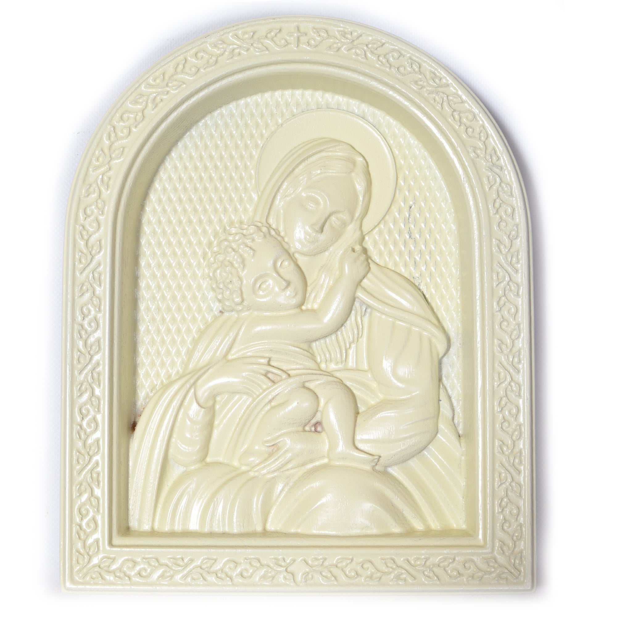 Ukrainian Beech Wood Carved Icon In White