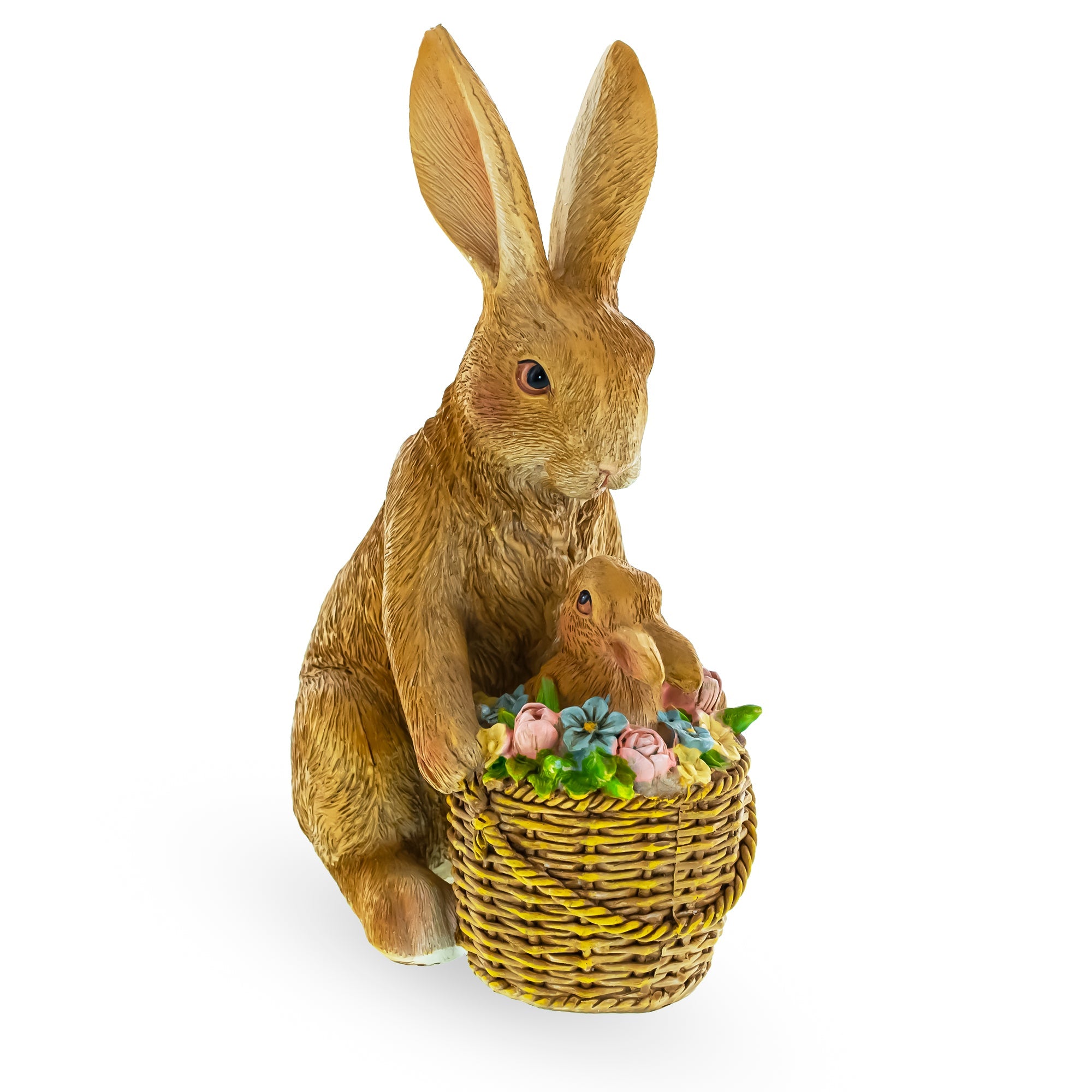 Cherished Embrace: Mother Bunny Cradling A Little One In Floral Basket Figurine