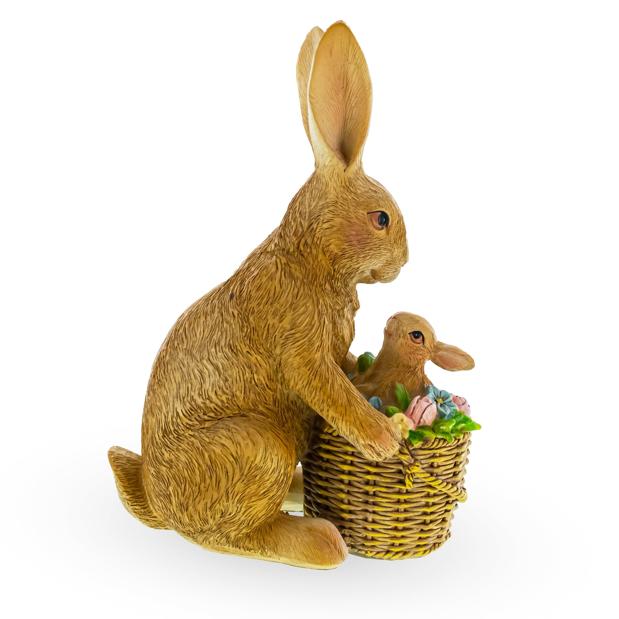 Cherished Embrace: Mother Bunny Cradling A Little One In Floral Basket Figurine