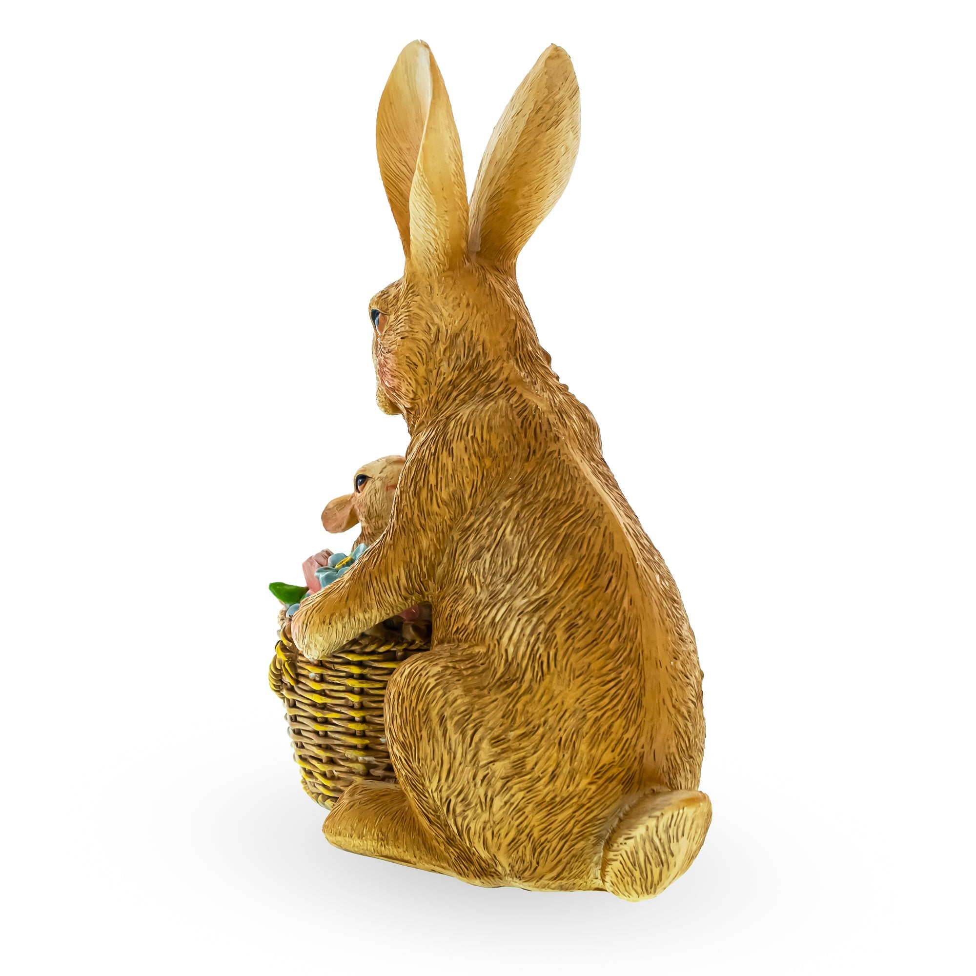 Cherished Embrace: Mother Bunny Cradling A Little One In Floral Basket Figurine