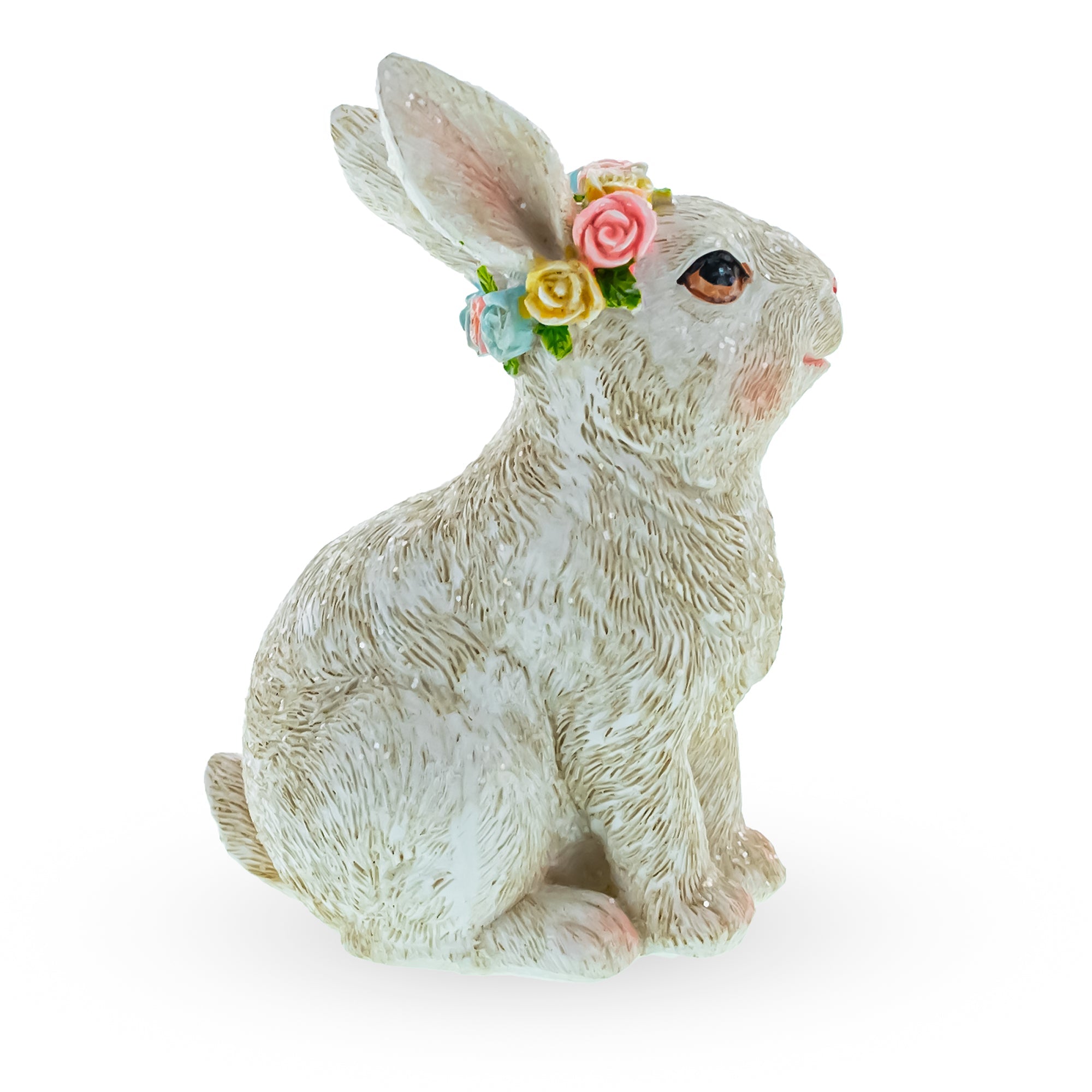 Floral-adorned White Bunny: Elegant Decorative Figurine