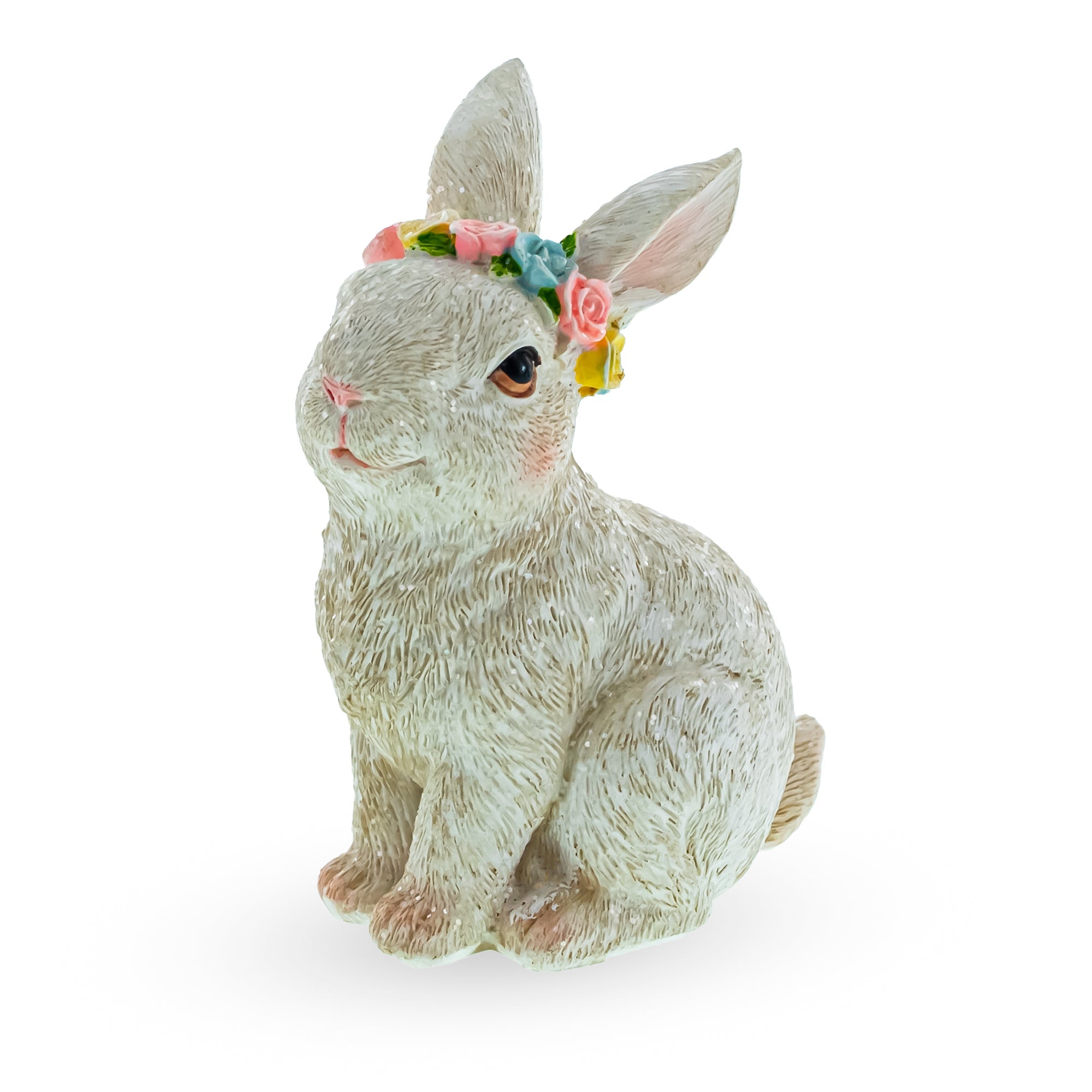 Floral-adorned White Bunny: Elegant Decorative Figurine