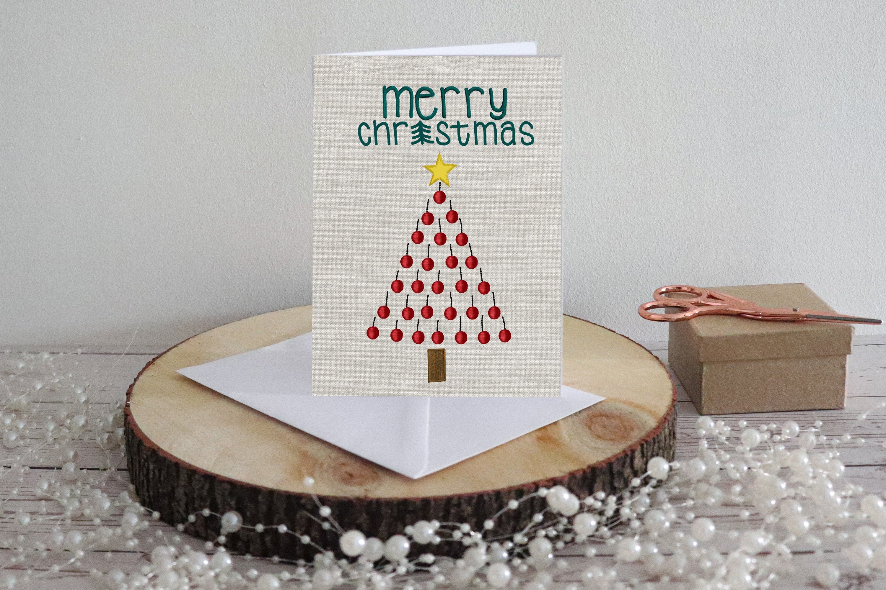 Embroidered Christmas Tree Card – Red Ornament Holiday Card