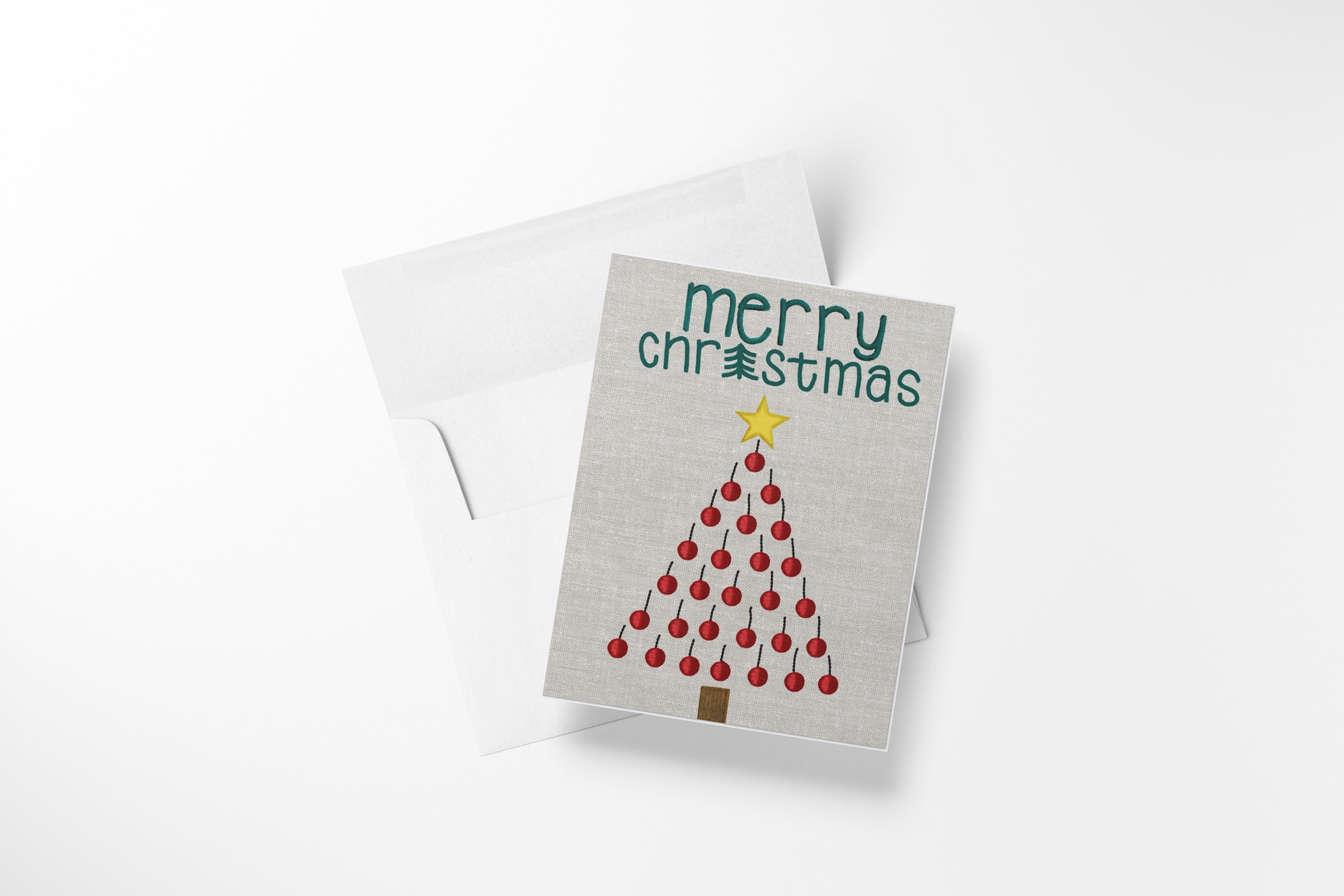 Embroidered Christmas Tree Card – Red Ornament Holiday Card