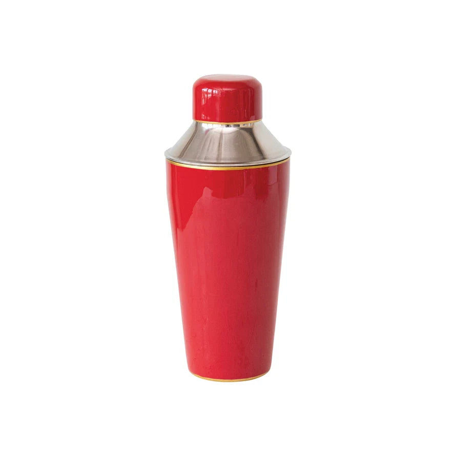 22 Oz. Enameled Stainless Steel Cocktail Shaker W/ Gold Rim, Red