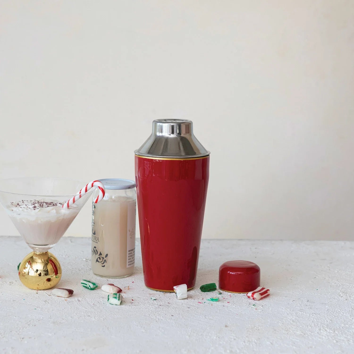22 Oz. Enameled Stainless Steel Cocktail Shaker W/ Gold Rim, Red
