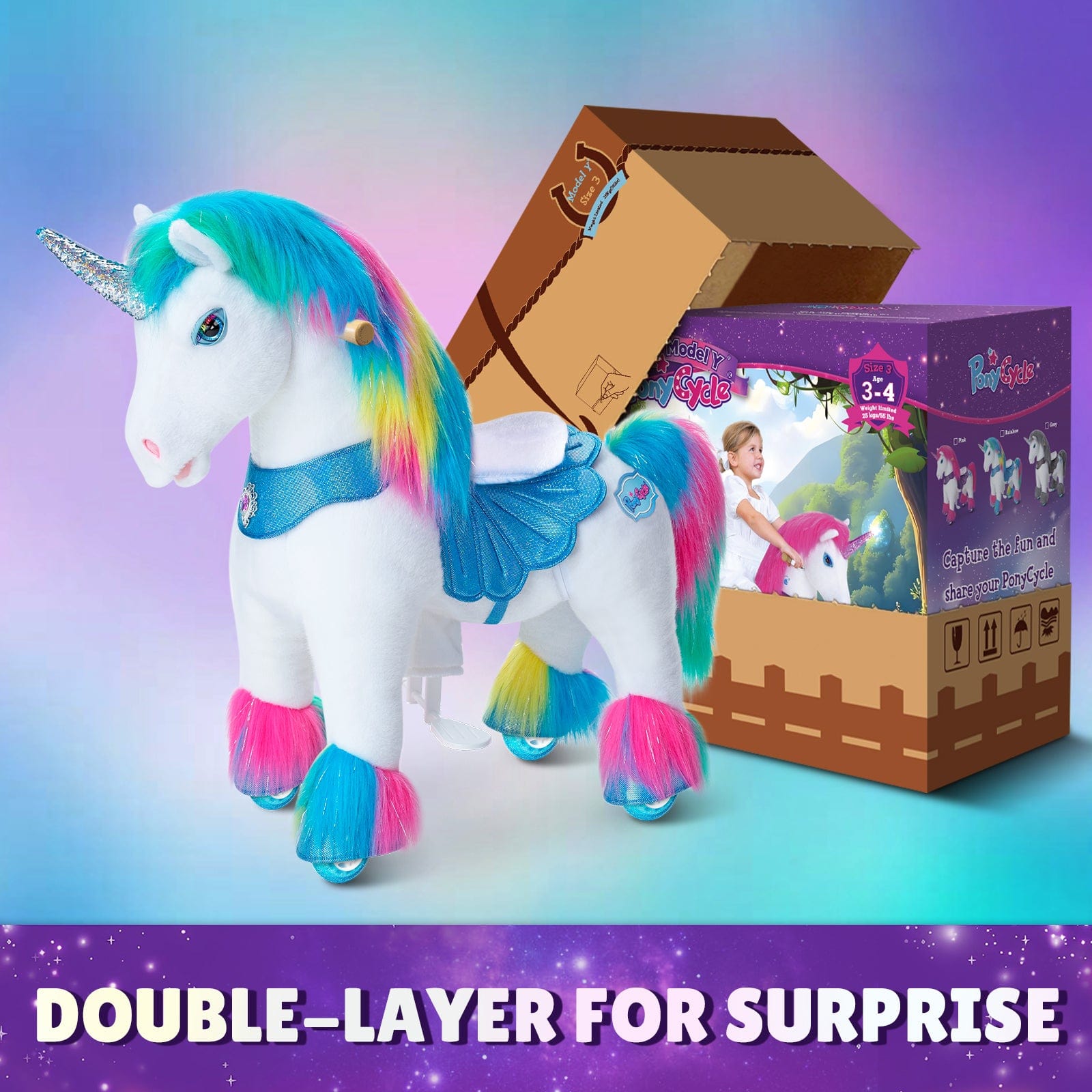 Model Y Rainbow Unicorn Rideable Toy For Age 3-4