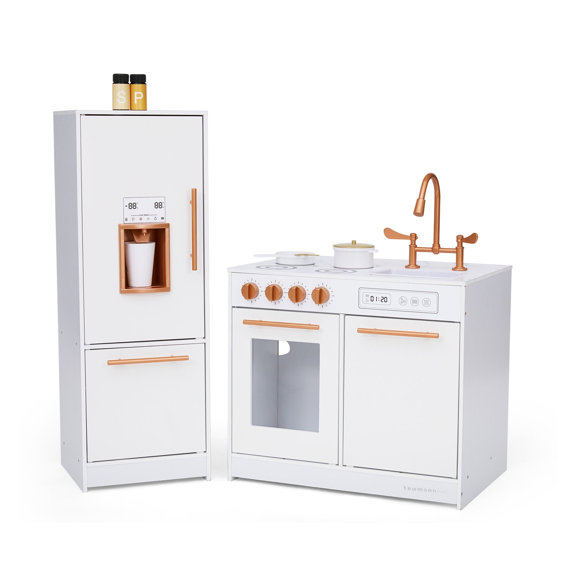 Little Chef Milano Two-piece Modular Modern Delight Play Kitchen With Cooking Accessories, Faux Marble Countertop, & Rose Gold Hardware, White