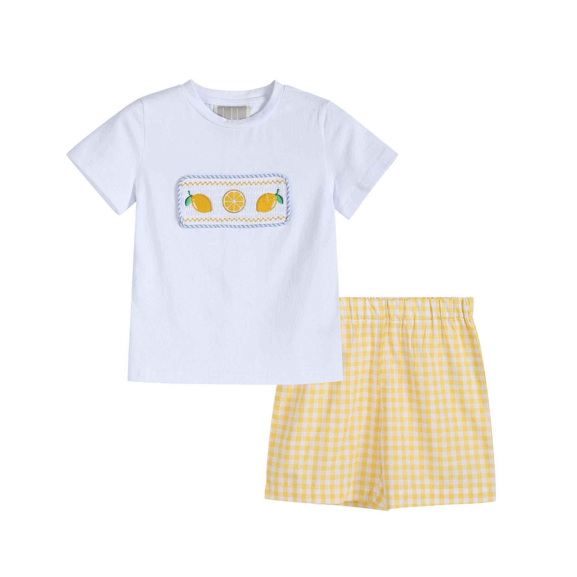 Yellow Gingham Lemon Smocked Shirt And Shorts Set