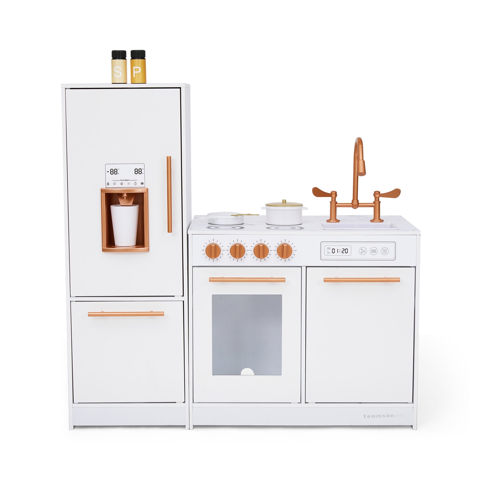 Little Chef Milano Two-piece Modular Modern Delight Play Kitchen With Cooking Accessories, Faux Marble Countertop, & Rose Gold Hardware, White