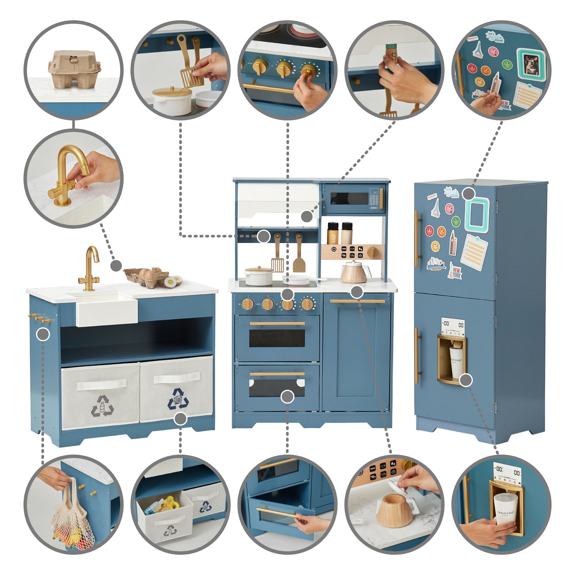 Teamson Kids - Little Chef Atlanta Large Modular Play Kitchen, Stone Blue/gold